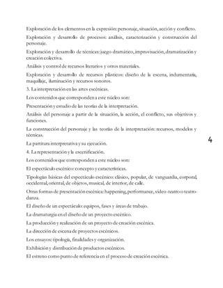 4
Exploración de los elementos en la expresión:personaje,situación,acción y conflicto.
Exploración y desarrollo de procesos: análisis, caracterización y construcción del
personaje.
Exploración y desarrollo de técnicas: juego dramático,improvisación,dramatización y
creación colectiva.
Análisis y controlde recursos literarios y otros materiales.
Exploración y desarrollo de recursos plásticos: diseño de la escena, indumentaria,
maquillaje, iluminación y recursos sonoros.
3. La interpretación en las artes escénicas.
Los contenidos que correspondena este núcleo son:
Presentación y estudio de las teorías de la interpretación.
Análisis del personaje a partir de la situación, la acción, el conflicto, sus objetivos y
funciones.
La construcción del personaje y las teorías de la interpretación: recursos, modelos y
técnicas.
La partitura interpretativa y su ejecución.
4. La representación y la escenificación.
Los contenidos que correspondena este núcleo son:
El espectáculo escénico:concepto y características.
Tipologías básicas del espectáculo escénico: clásico, popular, de vanguardia, corporal,
occidental,oriental, de objetos, musical, de interior, de calle.
Otras formas de presentaciónescénica:happening,performance,video-teatro o teatro-
danza.
El diseño de un espectáculo:equipos, fases y áreas de trabajo.
La dramaturgia en el diseño de un proyecto escénico.
La producción y realización de un proyecto de creación escénica.
La dirección de escena de proyectos escénicos.
Los ensayos: tipología, finalidades y organización.
Exhibición y distribución de productos escénicos.
El estreno como punto de referencia en el proceso de creación escénica.
 