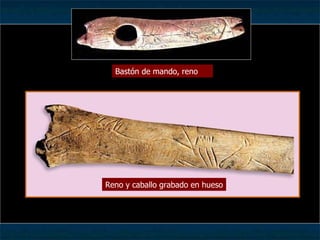 Bastón de mando, reno Reno y caballo grabado en hueso 