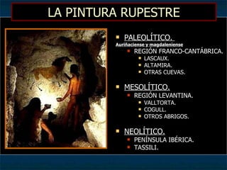 LA PINTURA RUPESTRE PALEOLÍTICO.  Auriñaciense y magdaleniense REGIÓN FRANCO-CANTÁBRICA. LASCAUX. ALTAMIRA. OTRAS CUEVAS. MESOLÍTICO. REGIÓN LEVANTINA. VALLTORTA. COGULL. OTROS ABRIGOS. NEOLÍTICO. PENÍNSULA IBÉRICA. TASSILI. 