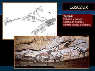Lascaux Temas: Caballos y bueyes. Escena de bisonte y hombre cabeza de pájaro. 