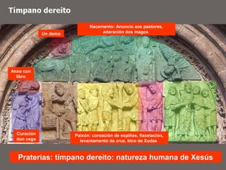 Praterías: tímpano dereito: natureza humana de Xesús
Nacemento: Anuncio aos pastores,
adoración dos magos
Paixón: coroación de espiñas, flaxelación,
levantamento da cruz, bico de Xudas
Curación
dun cego
Un demo
Anxo cun
libro
 