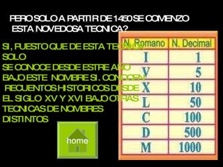 PERO SOLO A PARTIR DE 1450 SE COMENZO  ESTA NOVEDOSA TECNICA? SI, PUESTO QUE DE ESTA TECNICA SOLO  SE CONOCE DESDE ESTRE AÑO  BAJO ESTE  NOMBRE SI. CONOCEN RECUENTOS HISTORICOS DESDE  EL SIGLO  XV Y XVI BAJO OTRAS  TECNICAS DE NOMBRES DISTINTOS home 