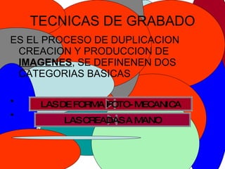 TECNICAS DE GRABADO ES EL PROCESO DE DUPLICACION CREACION Y PRODUCCION DE  IMAGENES , SE DEFINENEN DOS CATEGORIAS BASICAS LAS DE FORMA FOTO- MECANICA LAS CREADAS A MANO 