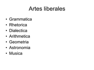 Artes liberales Grammatica Rhetorica Dialectica Arithmetica Geometria Astronomia Musica 