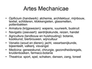 Artes Mechanicae Opificium (handwerk): alchemie, architektuur, mijnbouw, textiel, schilderen, klokkengieten, glassmelten, pottenbakken Armatura (krijgswezen): wapens, vuurwerk, buskruit Navigatio (zeevaart): aardrijkskunde, reizen, handel Agricultura (landbouw en huishouding): botanie, kookkunst, bierbrouwen, wijncultuur Venatio (woud en dieren); jacht, veeartsenijkunde, bijeenteelt, valkerij, visvangst Medicina: geneeskunst, chirurgie, gezondheidsregels, kruidenboeken, farmaco-botanie Theatrica: sport, spel, schaken, dansen, zang, toneel 