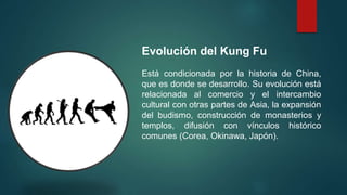 Evolución del Kung Fu
Está condicionada por la historia de China,
que es donde se desarrollo. Su evolución está
relacionada al comercio y el intercambio
cultural con otras partes de Asia, la expansión
del budismo, construcción de monasterios y
templos, difusión con vínculos histórico
comunes (Corea, Okinawa, Japón).
 