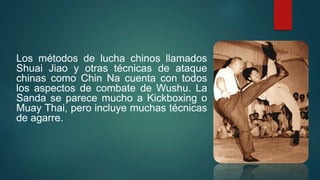 Los métodos de lucha chinos llamados
Shuai Jiao y otras técnicas de ataque
chinas como Chin Na cuenta con todos
los aspectos de combate de Wushu. La
Sanda se parece mucho a Kickboxing o
Muay Thai, pero incluye muchas técnicas
de agarre.
 