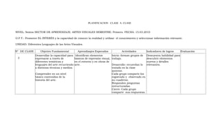 PLANIFICACION CLASE A CLASE


NIVEL: Sextos SECTOR DE APRENDIZAJE: ARTES VISUALES SEMESTRE: Primero. FECHA: 15.03.2010

O.F.T.: Promover EL INTERÉS y la capacidad de conocer la realidad y utilizar el conocimiento y seleccionar información relevante.

UNIDAD: Diferentes Lenguajes de las Artes Visuales.

Nº DE CLASE        Objetivo Fundamental           Aprendizajes Esperados           Actividades           Indicadores de logros      Evaluación
               Desarrollar la capacidad para     Identifican elementos       Inicio: forman grupos de    Demuestra habilidad para
 3             expresarse a través de           básicos de expresión visual, trabajo.                    descubrir elementos
               diferentes temáticas y           en el entorno y en obras de                              nuevos y detalles
               lenguajes del arte recurriendo   arte.                        Desarrollo: recuerdan lo    relevantes.
               a distintas técnicas y medios.                                tratado en la clase
                                                                             anterior.
               Comprender en un nivel                                        Cada grupo comparte los
               básico contenidos de la                                       registrado y observado en
               historia del arte.                                            su cuaderno.
                                                                             Responden preguntas
                                                                             estructuradas.
                                                                             Cierre: Cada grupo
                                                                             comparte sus respuestas.
 