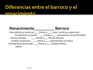 Renacimiento__________ Barroco
Visión plástica y contornos ____frente a____ visión pictórica y apariencia.
       Composición en planos ____frente a____ composición con profundidad.
  Formas cerradas        ____frente a____ formas abiertas.
   Unidad compositiva         frente a____ subordinación al motivo.
Claridad absoluta de cada ____frente a____ claridad relativa.
       objeto




                  ARTE II
 