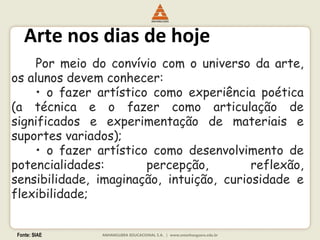 Fonte: SIAE
Arte nos dias de hoje
Por meio do convívio com o universo da arte,
os alunos devem conhecer:
• o fazer artístico como experiência poética
(a técnica e o fazer como articulação de
significados e experimentação de materiais e
suportes variados);
• o fazer artístico como desenvolvimento de
potencialidades: percepção, reflexão,
sensibilidade, imaginação, intuição, curiosidade e
flexibilidade;
 