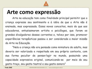Fonte: SIAE
Arte como expressão
Arte na educação tem como finalidade principal permitir que a
criança expresse seu sentimento e à idéia de que a Arte não é
ensinada, mas expressada. Esses novos conceitos, mais do que aos
educadores, entusiasmaram artista e psicólogos, que foram os
grandes divulgadores dessas correntes e, talvez por isso, promover
experiências terapêuticas passou a ser considerada a maior missão
da Arte na Educação.
“Nela a criança não era pensada como miniatura de adulto, mas
deveria ser valorizada e respeitada em seu próprio contexto, com
sua forma peculiar de pensar/agir no mundo, possuindo uma
capacidade expressiva original, comunicando-se por meio de seu
gesto-traço, seu gesto-teatral e seu gesto-sonoro”
 