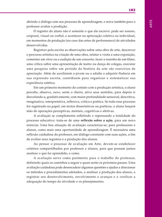 183
ARTE
abrindo o diálogo com seu processo de aprendizagem, e serve também para o
professor avaliar a produção.
O registro do aluno não é somente o que ele escreve: pode ser sonoro,
corporal, visual ou verbal, e acontecer na apreciação coletiva ou individual,
em momentos de produção (no caso das artes de performance) de atividades
desenvolvidas.
Registrar pela escrita as observações sobre uma obra de arte, descrever
o percurso artístico na criação de uma obra, relatar a visita a uma exposição,
comentar um show ou a audição de um concerto, fazer a resenha de um filme,
uma crítica sobre uma apresentação de teatro ou dança de colegas, executar
uma pesquisa sobre um período da história da arte são exercícios de
apreciação. Além de auxiliarem o jovem ou o adulto a adquirir fluência em
sua expressão escrita, contribuem para organizar e sistematizar sua
experiência estética.
Em um primeiro momento do contato com a produção artística, o aluno
percebe, observa, ouve, sente o cheiro, ativa seus sentidos, para depois ir
desvelando-a, gradativamente, com maior profundidade sensorial, descritiva,
imaginativa, interpretativa, reflexiva, crítica e poética. Se todo esse processo
for registrado no papel, em textos dissertativos ou poéticos, o aluno lançará
mão de operações perceptivas, mentais, cognitivas e afetivas.
A avaliação se complementa refletindo e repensando a totalidade do
processo educativo: trata-se de uma reflexão sobre a ação, para um novo
reiniciar. Uma boa situação de avaliação caracteriza-se, para professores e
alunos, como mais uma oportunidade de aprendizagem. É necessária uma
reflexão cuidadosa do professor, em diálogo constante com suas ações, a fim
de avaliar seus registros e a produção dos alunos.
Ao pensar o processo de avaliação em Arte, devem-se estabelecer
critérios compartilhados por professor e alunos, para que possam juntos
analisar o que foi aprendido, e como.
A avaliação serve como parâmetro para o trabalho do professor,
definindo quais os caminhos a seguir e quais serão os próximos passos. Uma
avaliação cuidadosa pode desencadear algumas questões e ajudar a direcionar
os métodos e procedimentos adotados, a analisar a produção dos alunos, a
registrar seu desenvolvimento, envolvimento e avanços e a verificar a
adequação do tempo da atividade e os planejamentos.
 