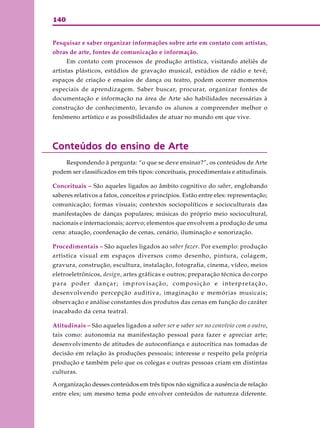 140
Pesquisar e saber organizar informações sobre arte em contato com artistas,
obras de arte, fontes de comunicação e informação.
Em contato com processos de produção artística, visitando ateliês de
artistas plásticos, estúdios de gravação musical, estúdios de rádio e tevê,
espaços de criação e ensaios de dança ou teatro, podem ocorrer momentos
especiais de aprendizagem. Saber buscar, procurar, organizar fontes de
documentação e informação na área de Arte são habilidades necessárias à
construção de conhecimento, levando os alunos a compreender melhor o
fenômeno artístico e as possibilidades de atuar no mundo em que vive.
Conteúdos do ensino de ArteConteúdos do ensino de ArteConteúdos do ensino de ArteConteúdos do ensino de ArteConteúdos do ensino de Arte
Respondendo à pergunta: “o que se deve ensinar?”, os conteúdos de Arte
podem ser classificados em três tipos: conceituais, procedimentais e atitudinais.
Conceituais – São aqueles ligados ao âmbito cognitivo do saber, englobando
saberes relativos a fatos, conceitos e princípios. Estão entre eles: representação;
comunicação; formas visuais; contextos sociopolíticos e socioculturais das
manifestações de danças populares; músicas do próprio meio sociocultural,
nacionais e internacionais; acervo; elementos que envolvem a produção de uma
cena: atuação, coordenação de cenas, cenário, iluminação e sonorização.
Procedimentais – São aqueles ligados ao saber fazer. Por exemplo: produção
artística visual em espaços diversos como desenho, pintura, colagem,
gravura, construção, escultura, instalação, fotografia, cinema, vídeo, meios
eletroeletrônicos, design, artes gráficas e outros; preparação técnica do corpo
para poder dançar; improvisação, composição e interpretação,
desenvolvendo percepção auditiva, imaginação e memórias musicais;
observação e análise constantes dos produtos das cenas em função do caráter
inacabado da cena teatral.
Atitudinais – São aqueles ligados a saber ser e saber ser no convívio com o outro,
tais como: autonomia na manifestação pessoal para fazer e apreciar arte;
desenvolvimento de atitudes de autoconfiança e autocrítica nas tomadas de
decisão em relação às produções pessoais; interesse e respeito pela própria
produção e também pelo que os colegas e outras pessoas criam em distintas
culturas.
A organização desses conteúdos em três tipos não significa a ausência de relação
entre eles; um mesmo tema pode envolver conteúdos de natureza diferente.
 