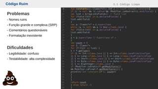Código Ruim 3.1 Código Limpo
Problemas
- Nomes ruins
- Função grande e complexa (SRP)
- Comentários questionáveis
- Formatação inexistente
Dificuldades
- Legibilidade: confuso
- Testabilidade: alta complexidade
 