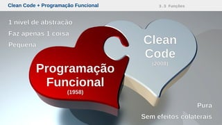 Clean
Code
(2008)
Programação
Funcional
(1958)
Pura
Sem efeitos colaterais
1 nível de abstração
Faz apenas 1 coisa
Pequena
Clean Code + Programação Funcional 3.3 Funções
 