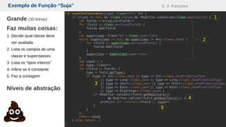 Exemplo de Função “Suja” 3.3 Funções
Grande (30 linhas)
Faz muitas coisas:
1. Decide qual classe deve
ser avaliada
2. Lista os campos de uma
classe e superclasses
3. Lista os “tipos inteiros”
4. Infere se é constante
5. Faz a contagem
Níveis de abstração
1
2
3
4
5
 