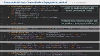 Formatação Vertical: Continuidade e Espaçamento Vertical 3.5 Formatação
Linhas de código relacionadas
devem permanecer unidas
Pensamentos completos devem ser
separados por espaços em branco
 