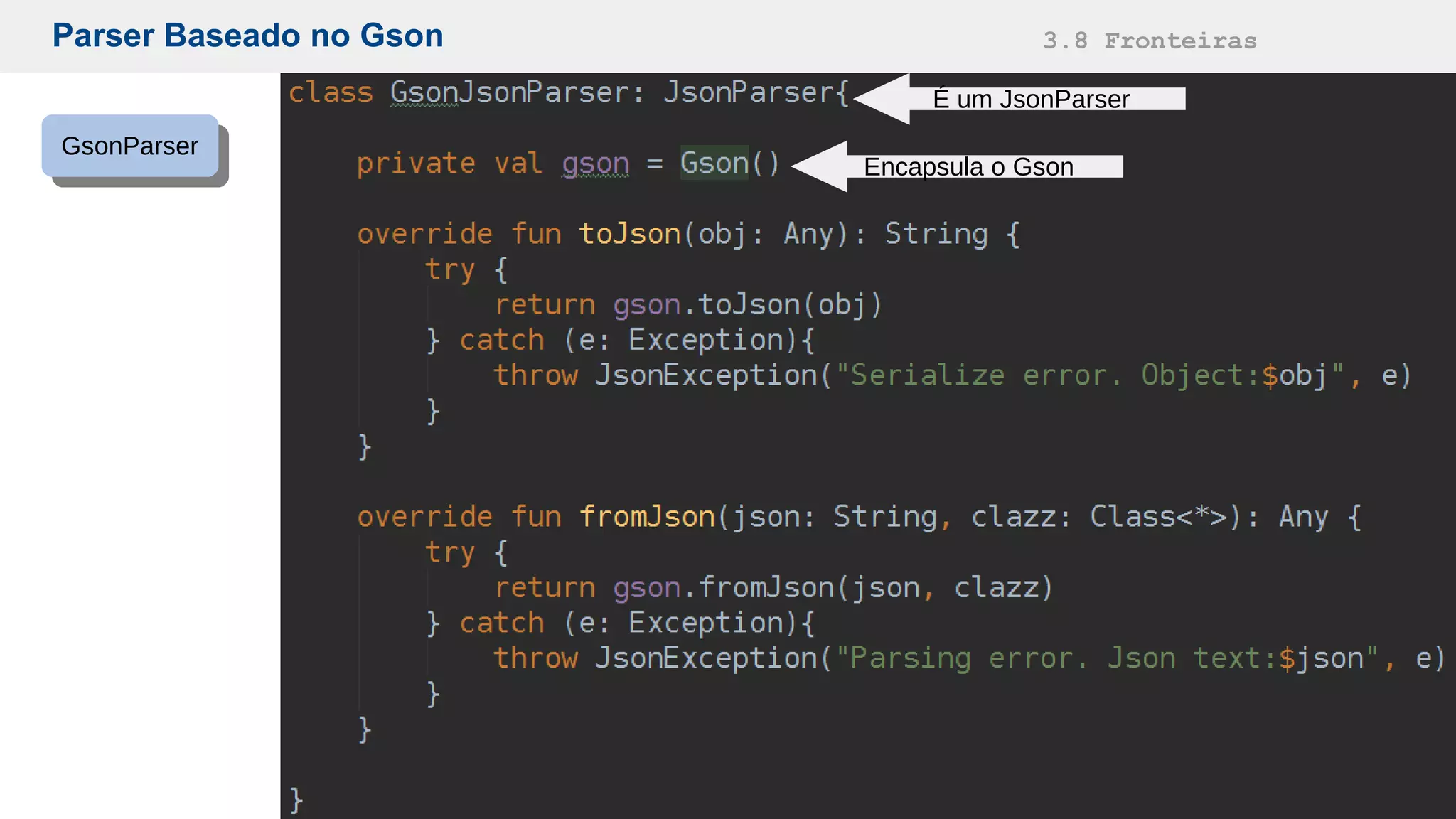 Parser Baseado no Gson 3.8 Fronteiras
GsonParserGsonParser
Encapsula o Gson
É um JsonParser
 