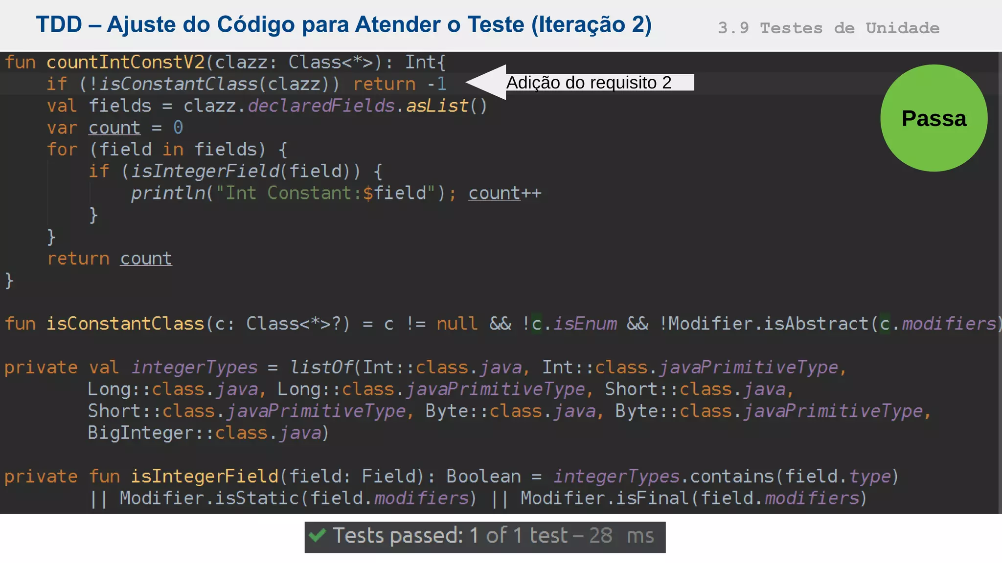TDD – Ajuste do Código para Atender o Teste (Iteração 2) 3.9 Testes de Unidade
Passa
Adição do requisito 2
 