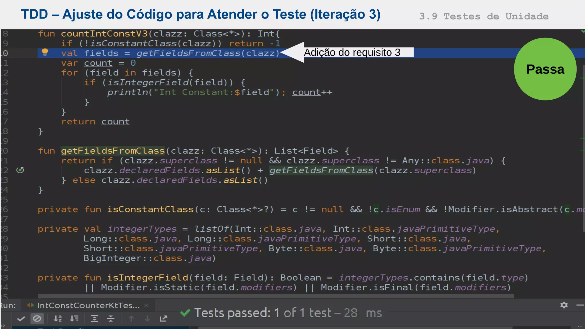 TDD – Ajuste do Código para Atender o Teste (Iteração 3) 3.9 Testes de Unidade
Passa
Adição do requisito 3
 