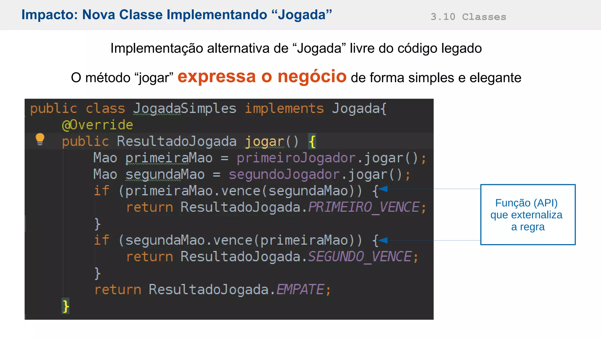 Impacto: Nova Classe Implementando “Jogada” 3.10 Classes
Implementação alternativa de “Jogada” livre do código legado
O método “jogar” expressa o negócio de forma simples e elegante
Função (API)
que externaliza
a regra
 