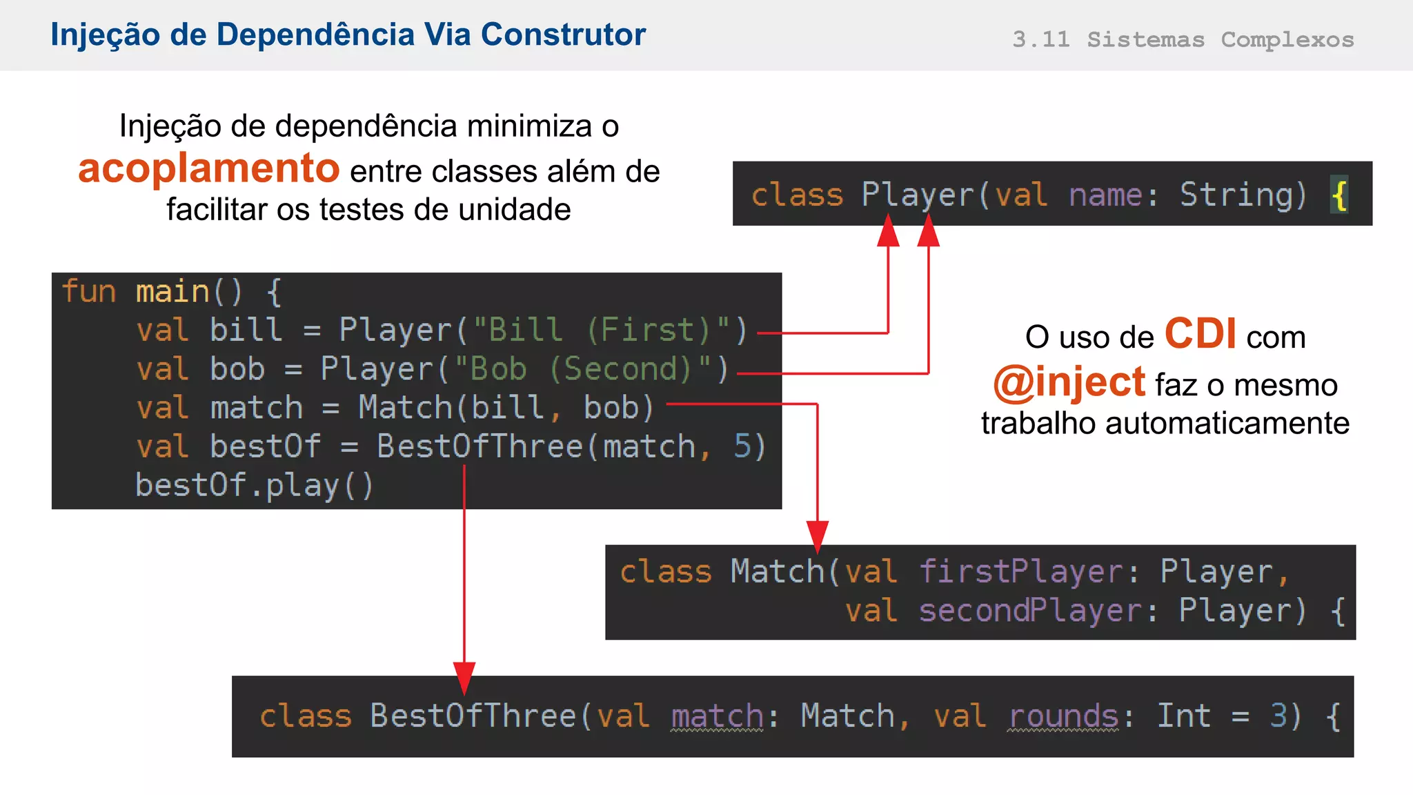 Injeção de Dependência Via Construtor 3.11 Sistemas Complexos
O uso de CDI com
@inject faz o mesmo
trabalho automaticamente
Injeção de dependência minimiza o
acoplamento entre classes além de
facilitar os testes de unidade
 
