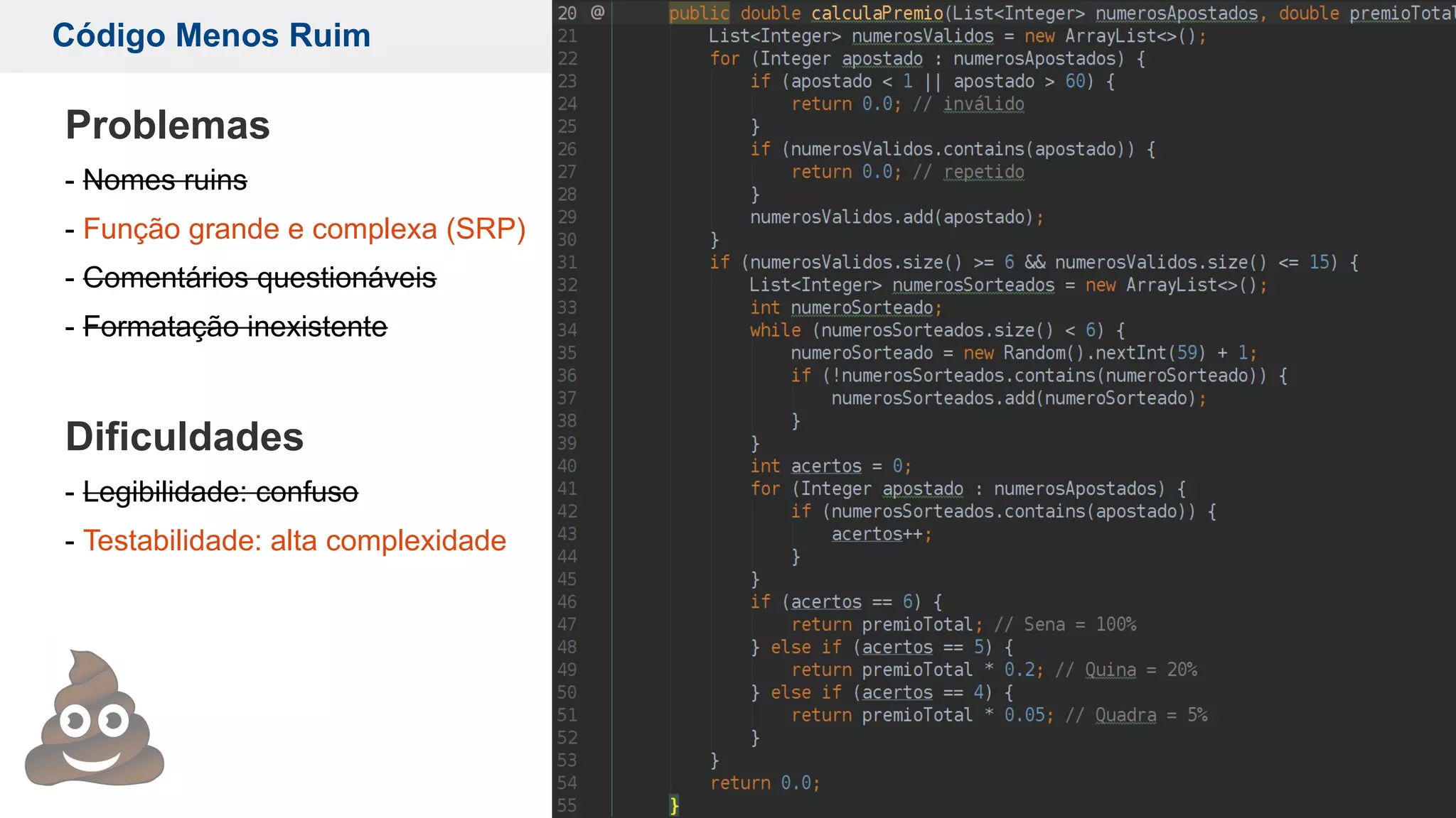 Código Menos Ruim 3.1 Código Limpo
Problemas
- Nomes ruins
- Função grande e complexa (SRP)
- Comentários questionáveis
- Formatação inexistente
Dificuldades
- Legibilidade: confuso
- Testabilidade: alta complexidade
 