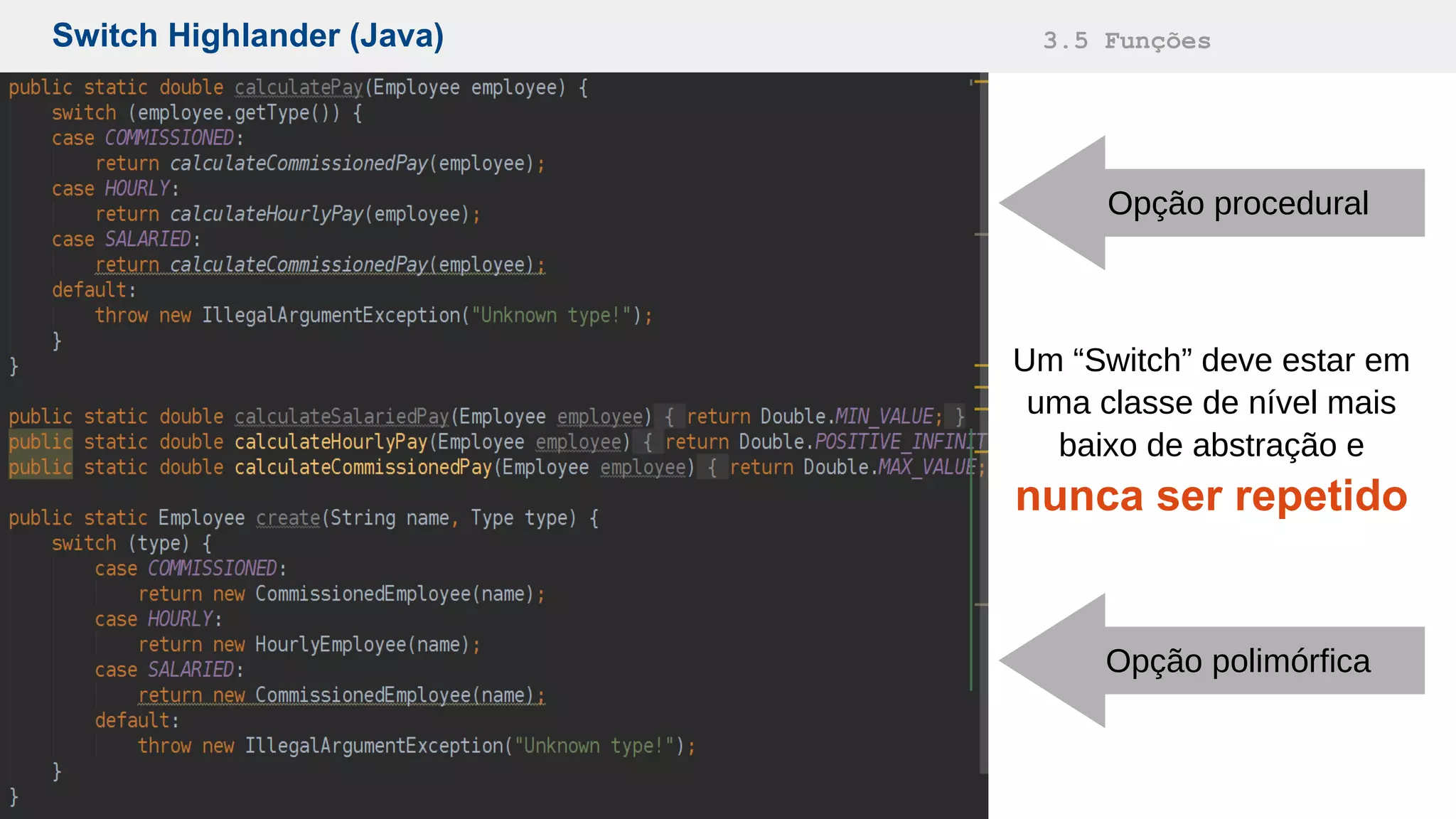 Switch Highlander (Java) 3.5 Funções
Um “Switch” deve estar em
uma classe de nível mais
baixo de abstração e
nunca ser repetido
Opção procedural
Opção polimórfica
 