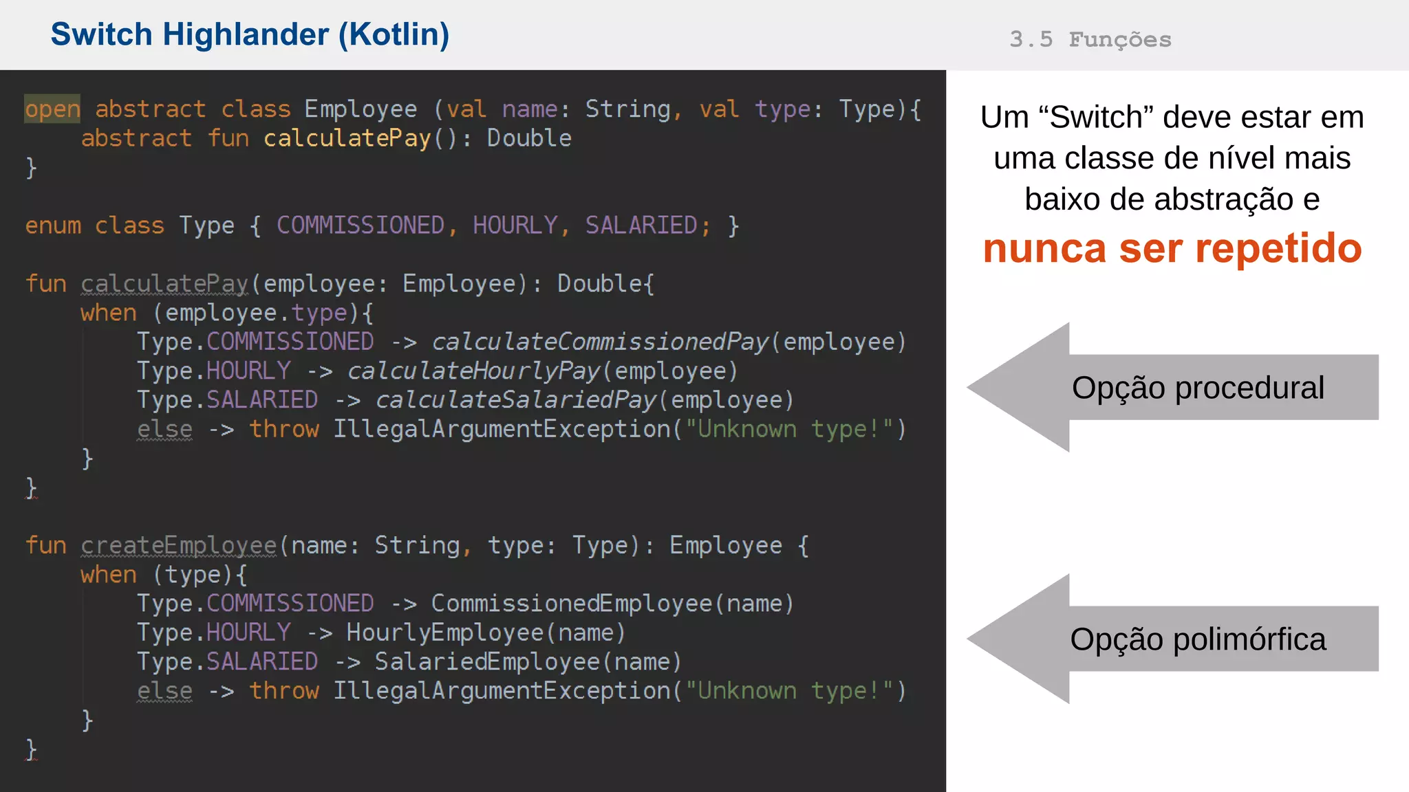 Switch Highlander (Kotlin) 3.5 Funções
Um “Switch” deve estar em
uma classe de nível mais
baixo de abstração e
nunca ser repetido
Opção procedural
Opção polimórfica
 