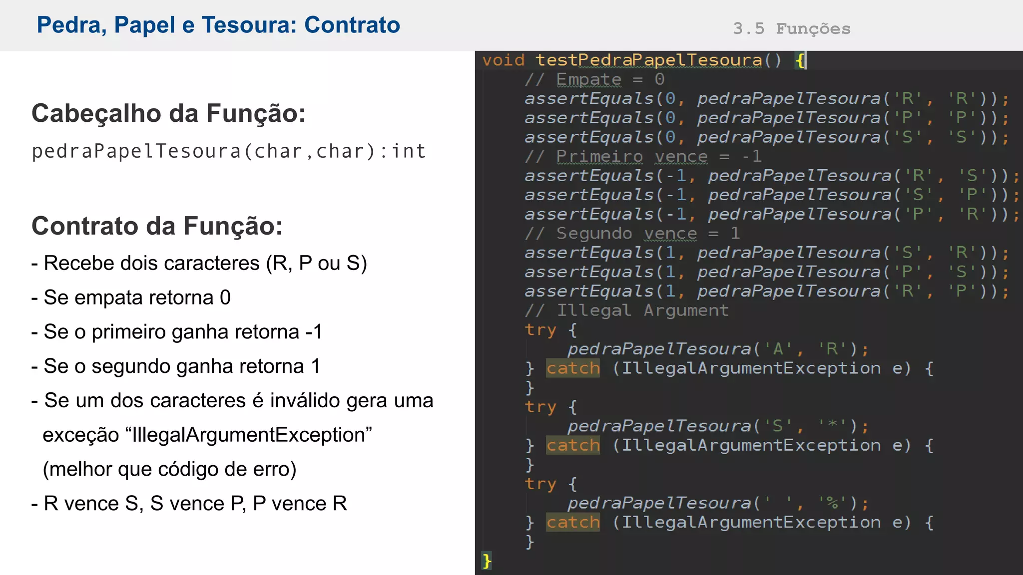 Pedra, Papel e Tesoura: Contrato 3.5 Funções
Cabeçalho da Função:
pedraPapelTesoura(char,char):int
Contrato da Função:
- Recebe dois caracteres (R, P ou S)
- Se empata retorna 0
- Se o primeiro ganha retorna -1
- Se o segundo ganha retorna 1
- Se um dos caracteres é inválido gera uma
exceção “IllegalArgumentException”
(melhor que código de erro)
- R vence S, S vence P, P vence R
 