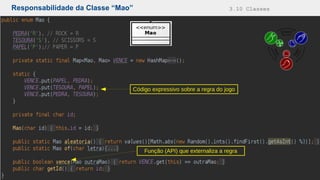 Responsabilidade da Classe “Mao” 3.10 Classes
Código expressivo sobre a regra do jogo
Função (API) que externaliza a regra
 