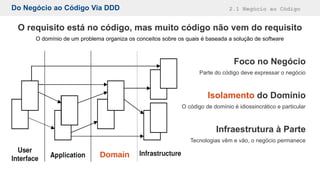 O requisito está no código, mas muito código não vem do requisito
O domínio de um problema organiza os conceitos sobre os quais é baseada a solução de software
Foco no Negócio
Parte do código deve expressar o negócio
Isolamento do Domínio
O código de domínio é idiossincrático e particular
Infraestrutura à Parte
Tecnologias vêm e vão, o negócio permanece
Do Negócio ao Código Via DDD 2.1 Negócio ao Código
Domain
 
