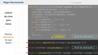 Regra Decrescente 3.5 Funções
Indireção Nível de abstração 1
Nível de abstração 2
Leitura
de cima
para
baixo
Nomes
descritivos
do que
fazem
 