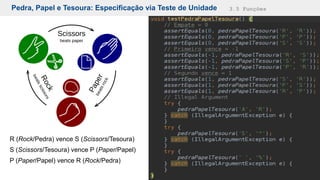 Pedra, Papel e Tesoura: Especificação via Teste de Unidade 3.5 Funções
R (Rock/Pedra) vence S (Scissors/Tesoura)
S (Scissors/Tesoura) vence P (Paper/Papel)
P (Paper/Papel) vence R (Rock/Pedra)
 