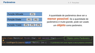 Parâmetros 3.5 Funções
Função Mônade P1
Função Díade
Função Tríade P1 P2 P3
P1 P2
A quantidade de parâmetros deve ser a
menor possível. Se a quantidade de
parâmetros é muito grande, pode ser usado
um objeto como parâmetro.
Objeto como Parâmetro
O parâmetro tem suas regras e seus próprios conceitos
 