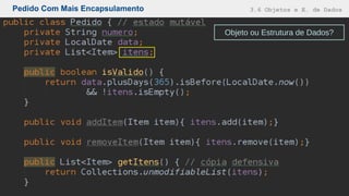 Pedido Com Mais Encapsulamento 3.6 Objetos e E. de Dados
Objeto ou Estrutura de Dados?
 