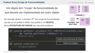 Feature Envy (Inveja de Funcionalidade) 3.6 Objetos e E. de Dados
https://martinfowler.com/bliki/TellDontAsk.html
Um objeto tem “inveja” da funcionalidade de
que deveria ser implementada em outro objeto
No exemplo abaixo, o primeiro “IF” tem inveja da funcionalidade
que diz se um pedido é válido, mas pedido é um OBJETO
Numa ESTRUTURA DE DADOS isso não seria problema
Princípio “Tell
Don’t Ask”
Indireção
Sobre uma Estrutura de Dados
Sobre um Objeto
 