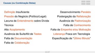 Causas (ou Combinação Delas)
21/47
Definição Insuficiente
Pressão do Negócio (Político/Legal)
Lacuna de Entendimento sobre Dívida
Técnica
Alto Acoplamento
Ausência de Suíte/Kit de Testes
Falta de Documentação
Falta de Colaboração
Desenvolvimento Paralelo
Postergação da Refatoração
Ausência de Padronização
Falta de Conhecimento
Falta de Empenho e/ou Motivação
Liderança Fraca em Tecnologia
Especificação de “Último Minuto”
 