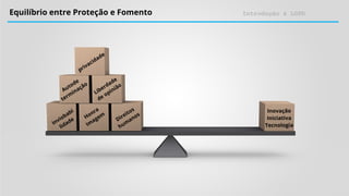 Introdução à LGPD
Equilíbrio entre Proteção e Fomento
privacidade
Autode
term
inação
Liberdade
de opinião
Inviobabi
lidade
Honra
Im
agem
Direitos
hum
anos
Inovação
Iniciativa
Tecnologia
 