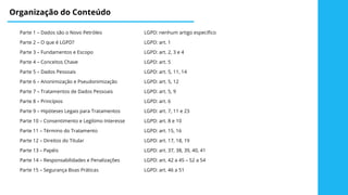 Organização do Conteúdo
Parte 1 – Dados são o Novo Petróleo LGPD: nenhum artigo específico
Parte 2 – O que é LGPD? LGPD: art. 1
Parte 3 – Fundamentos e Escopo LGPD: art. 2, 3 e 4
Parte 4 – Conceitos Chave LGPD: art. 5
Parte 5 – Dados Pessoais LGPD: art. 5, 11, 14
Parte 6 – Anonimização e Pseudonimização LGPD: art. 5, 12
Parte 7 – Tratamentos de Dados Pessoais LGPD: art. 5, 9
Parte 8 – Princípios LGPD: art. 6
Parte 9 – Hipóteses Legais para Tratamentos LGPD: art. 7, 11 e 23
Parte 10 – Consentimento e Legítimo Interesse LGPD: art. 8 e 10
Parte 11 – Término do Tratamento LGPD: art. 15, 16
Parte 12 – Direitos do Titular LGPD: art. 17, 18, 19
Parte 13 – Papéis LGPD: art. 37, 38, 39, 40, 41
Parte 14 – Responsabilidades e Penalizações LGPD: art. 42 a 45 – 52 a 54
Parte 15 – Segurança Boas Práticas LGPD: art. 46 a 51
 
