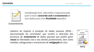 Introdução à LGPD
Conceitos
manifestação livre, informada e inequívoca pela
qual o titular concorda com o tratamento de
seus dados para uma finalidade específica
Consentimento
relatório de impacto à proteção de dados pessoais (RIPD) :
documentação do controlador que contém a descrição dos
processos de tratamento de dados pessoais que podem gerar
riscos às liberdades civis e aos direitos fundamentais, bem como
medidas, salvaguardas e mecanismos de mitigação de risco
RIPD
 