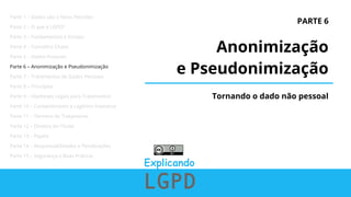 PARTE 6
Anonimização
e Pseudonimização
Tornando o dado não pessoal
Parte 1 – Dados são o Novo Petróleo
Parte 2 – O que é LGPD?
Parte 3 – Fundamentos e Escopo
Parte 4 – Conceitos Chave
Parte 5 – Dados Pessoais
Parte 6 – Anonimização e Pseudonimização
Parte 7 – Tratamentos de Dados Pessoais
Parte 8 – Princípios
Parte 9 – Hipóteses Legais para Tratamentos
Parte 10 – Consentimento e Legítimo Interesse
Parte 11 – Término do Tratamento
Parte 12 – Direitos do Titular
Parte 13 – Papéis
Parte 14 – Responsabilidades e Penalizações
Parte 15 – Segurança e Boas Práticas
 