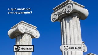 Base Legal
Finalidade
o que sustenta
o que sustenta
um tratamento?
um tratamento?
 