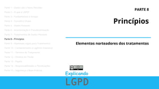 PARTE 8
Princípios
Elementos norteadores dos tratamentos
Parte 1 – Dados são o Novo Petróleo
Parte 2 – O que é LGPD?
Parte 3 – Fundamentos e Escopo
Parte 4 – Conceitos Chave
Parte 5 – Dados Pessoais
Parte 6 – Anonimização e Pseudonimização
Parte 7 – Tratamentos de Dados Pessoais
Parte 8 – Princípios
Parte 9 – Hipóteses Legais para Tratamentos
Parte 10 – Consentimento e Legítimo Interesse
Parte 11 – Término do Tratamento
Parte 12 – Direitos do Titular
Parte 13 – Papéis
Parte 14 – Responsabilidades e Penalizações
Parte 15 – Segurança e Boas Práticas
 