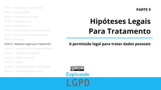PARTE 9
Hipóteses Legais
Para Tratamento
A permissão legal para tratar dados pessoais
Parte 1 – Dados são o Novo Petróleo
Parte 2 – O que é LGPD?
Parte 3 – Fundamentos e Escopo
Parte 4 – Conceitos Chave
Parte 5 – Dados Pessoais
Parte 6 – Anonimização e Pseudonimização
Parte 7 – Tratamentos de Dados Pessoais
Parte 8 – Princípios
Parte 9 – Hipóteses Legais para Tratamentos
Parte 10 – Consentimento e Legítimo Interesse
Parte 11 – Término do Tratamento
Parte 12 – Direitos do Titular
Parte 13 – Papéis
Parte 14 – Responsabilidades e Penalizações
Parte 15 – Segurança e Boas Práticas
 
