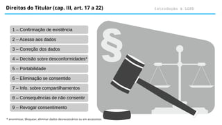 Introdução à LGPD
Direitos do Titular (cap. III, art. 17 a 22)
1 – Confirmação de existência
2 – Acesso aos dados
3 – Correção dos dados
4 – Decisão sobre desconformidades*
5 – Portabilidade
6 – Eliminação se consentido
7 – Info. sobre compartilhamentos
8 – Consequências de não consentir
9 – Revogar consentimento
* anonimizar, bloquear, eliminar dados desnecessários ou em excessivos
 