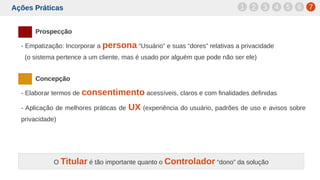 Ações Práticas
Prospecção
- Empatização: Incorporar a persona “Usuário” e suas “dores” relativas a privacidade
(o sistema pertence a um cliente, mas é usado por alguém que pode não ser ele)
Concepção
- Elaborar termos de consentimento acessíveis, claros e com finalidades definidas
- Aplicação de melhores práticas de UX (experiência do usuário, padrões de uso e avisos sobre
privacidade)
1 2 3 4 5 6 7
O Titular é tão importante quanto o Controlador “dono” da solução
 
