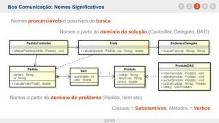 Boa Comunicação: Nomes Significativos
38/59
1 32 4 5
Nomes a partir do domínio do problema (Pedido, Item etc)
Nomes a partir do domínio da solução (Controller, Delegate, DAO)
Classes = Substantivos, Métodos = Verbos
Nomes pronunciáveis e passíveis de busca
 