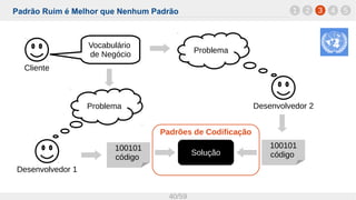 Padrões de Codificação
Padrão Ruim é Melhor que Nenhum Padrão
40/59
1 32 4 5
Cliente
Vocabulário
de Negócio
Problema
Desenvolvedor 1
Desenvolvedor 2Problema
Solução
100101
código
100101
código
 