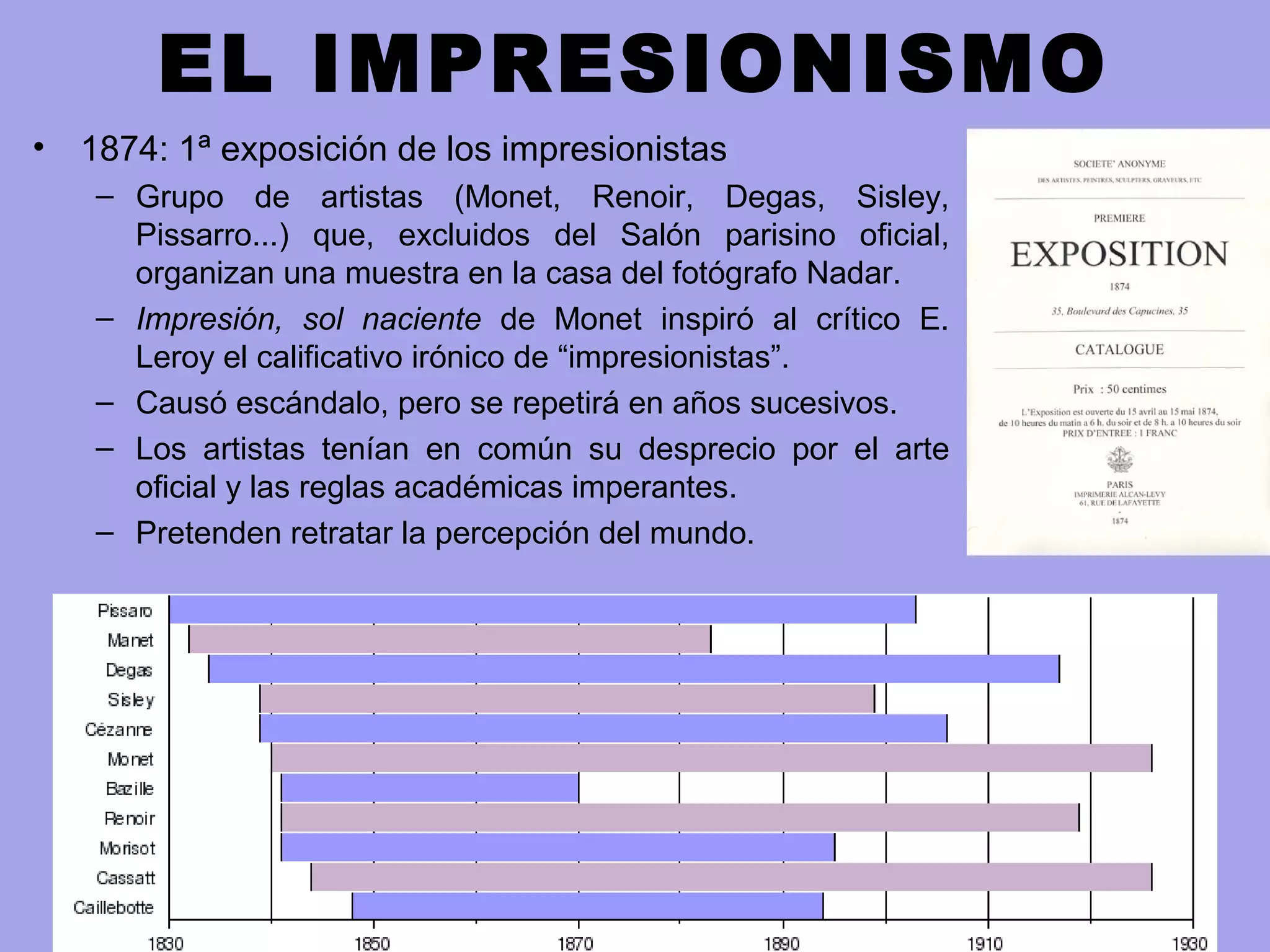 EL IMPRESIONISMO
• 1874: 1ª exposición de los impresionistas
– Grupo de artistas (Monet, Renoir, Degas, Sisley,
Pissarro...) que, excluidos del Salón parisino oficial,
organizan una muestra en la casa del fotógrafo Nadar.
– Impresión, sol naciente de Monet inspiró al crítico E.
Leroy el calificativo irónico de “impresionistas”.
– Causó escándalo, pero se repetirá en años sucesivos.
– Los artistas tenían en común su desprecio por el arte
oficial y las reglas académicas imperantes.
– Pretenden retratar la percepción del mundo.
 